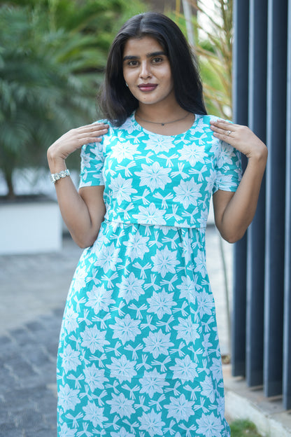 Capri Feeding Wear with Puff Sleeve Royal Green Star Floral