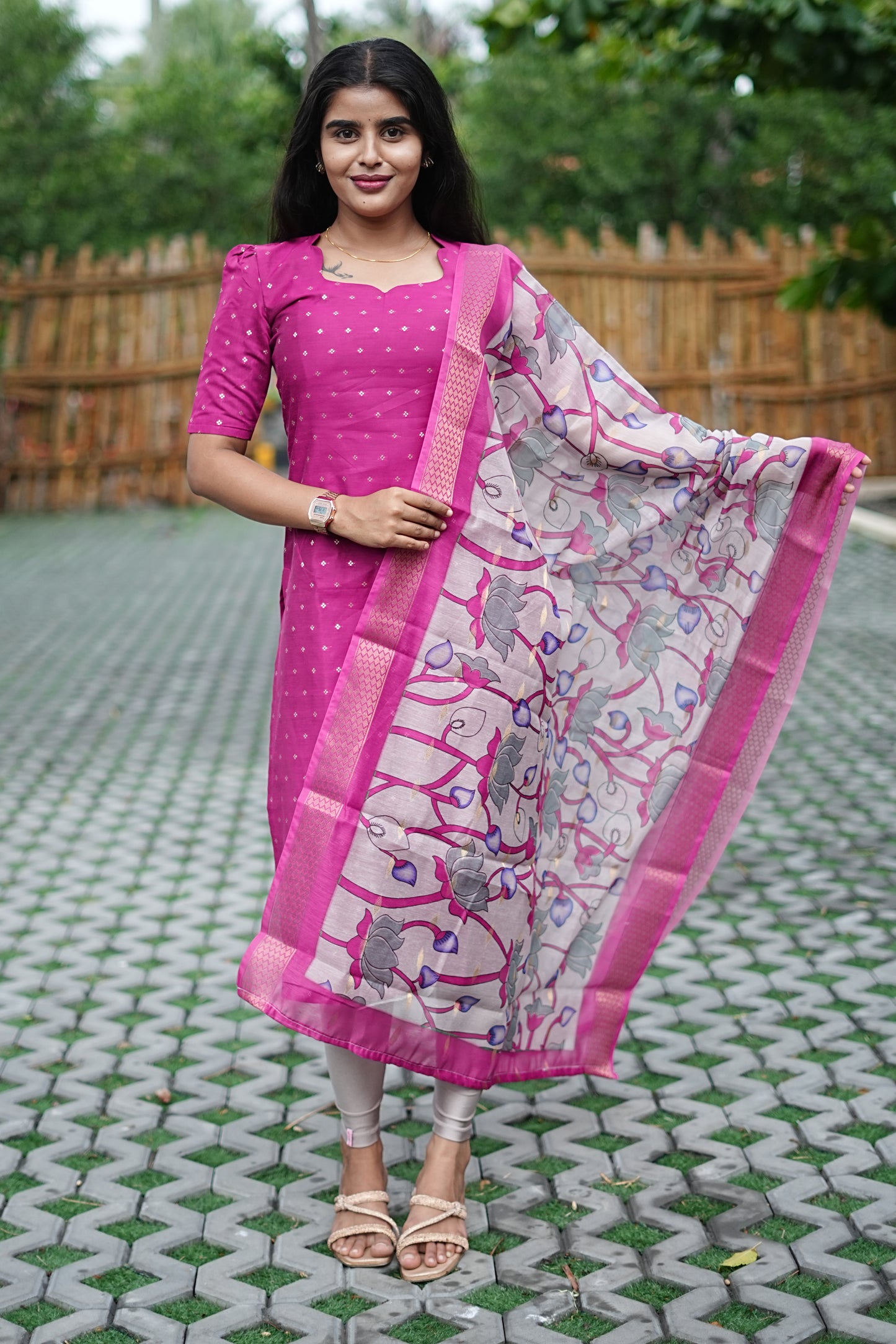 Roselle Pink Mul Chanderi Cotton 2-Piece Ethnic Set with Dupatta | LCTR048