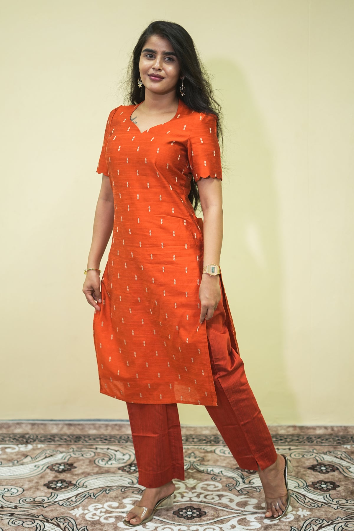 Terracotta Orange Straight Kurta Pant Dupatta Set | G - 017