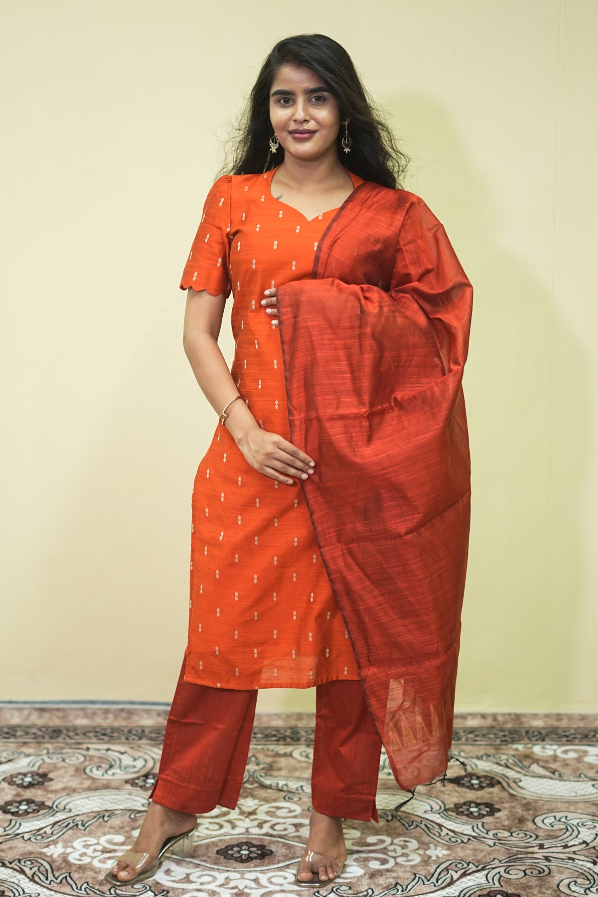 Terracotta Orange Straight Kurta Pant Dupatta Set | G - 017
