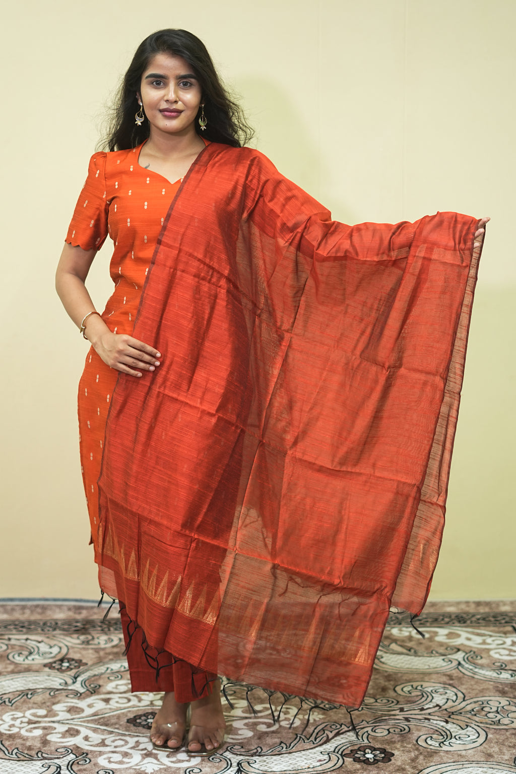 Terracotta Orange Straight Kurta Pant Dupatta Set | G - 017