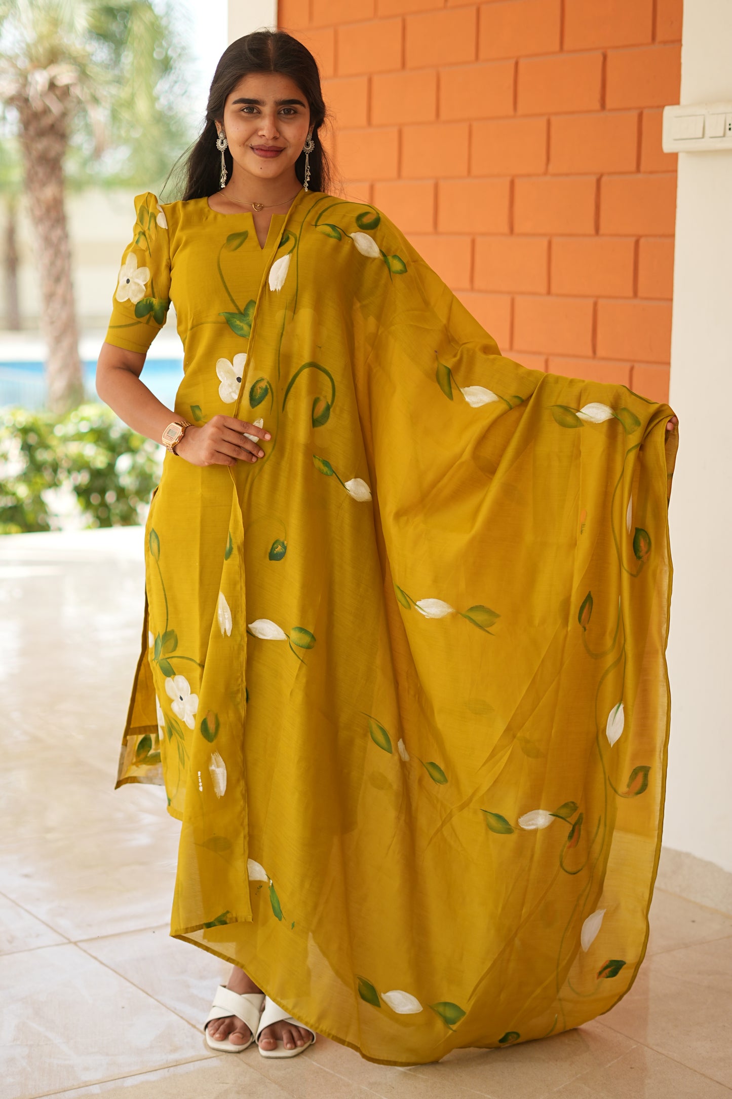 Mustard Lime Mul Chanderi Cotton 3-Piece Ethnic Set with Dupatta | LCSM047