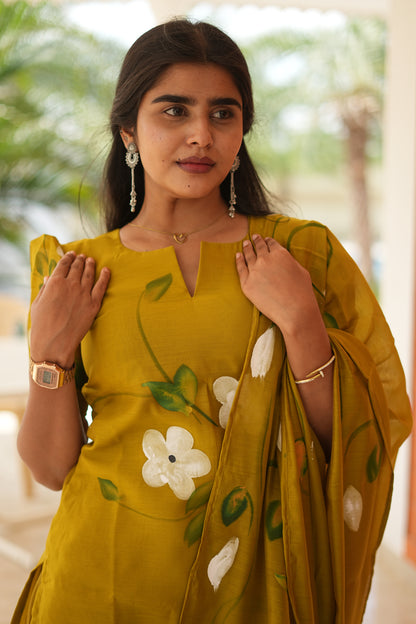 Mustard Lime Mul Chanderi Cotton 3-Piece Ethnic Set with Dupatta | LCSM047