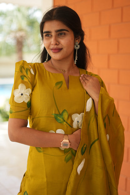 Mustard Lime Mul Chanderi Cotton 3-Piece Ethnic Set with Dupatta | LCSM047