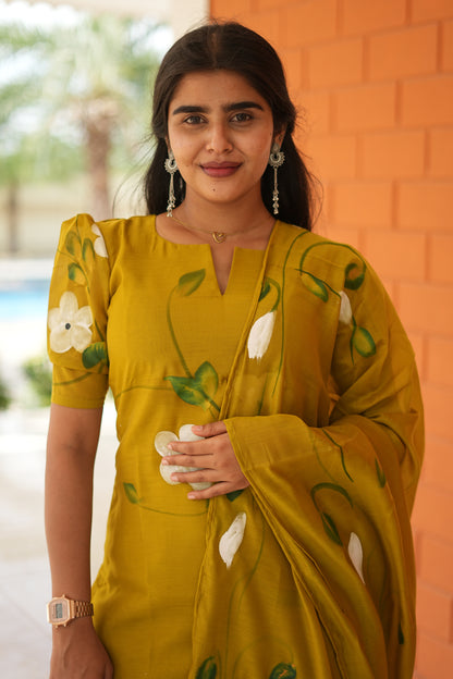 Mustard Lime Mul Chanderi Cotton 3-Piece Ethnic Set with Dupatta | LCSM047