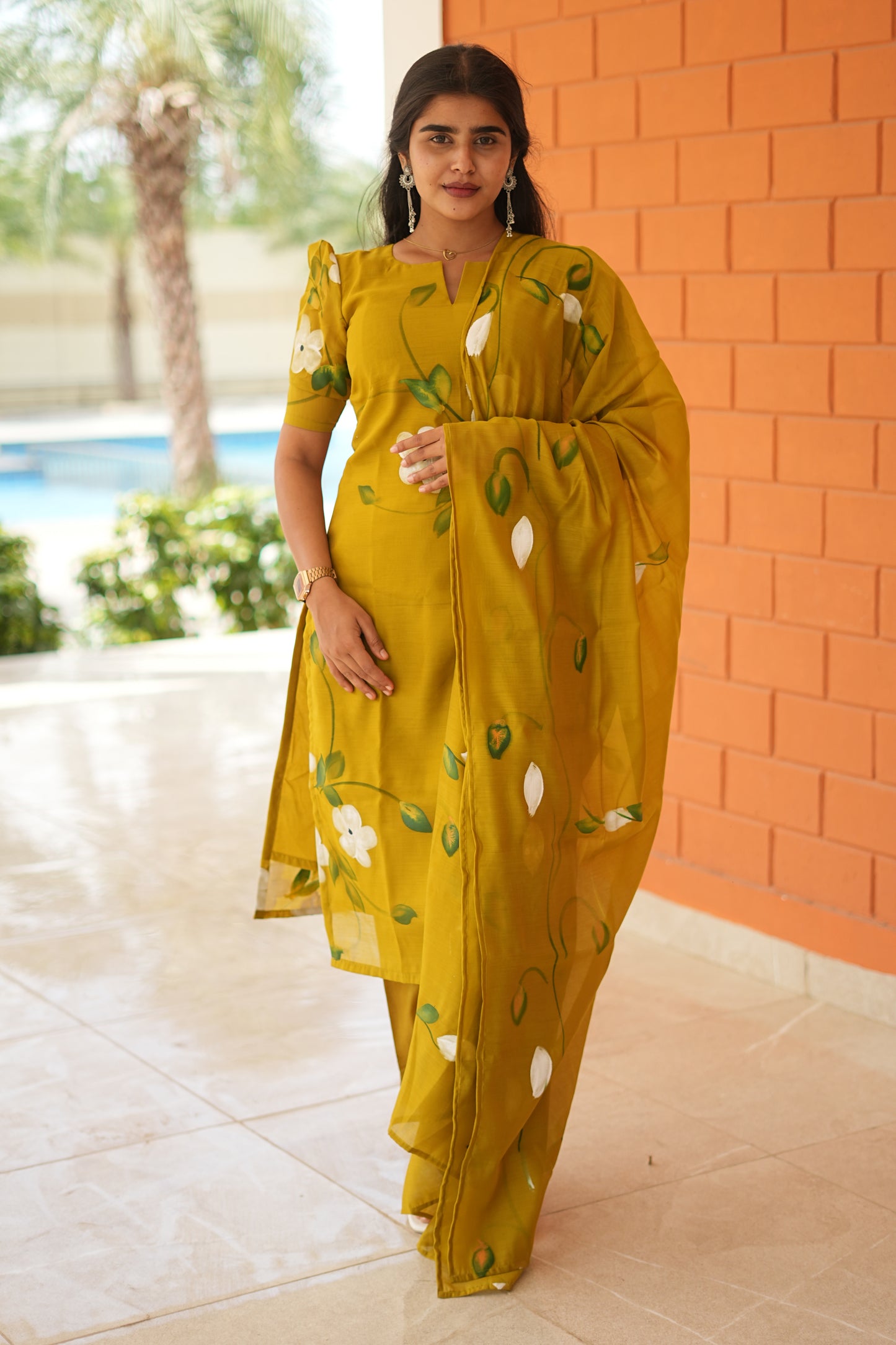 Mustard Lime Mul Chanderi Cotton 3-Piece Ethnic Set with Dupatta | LCSM047