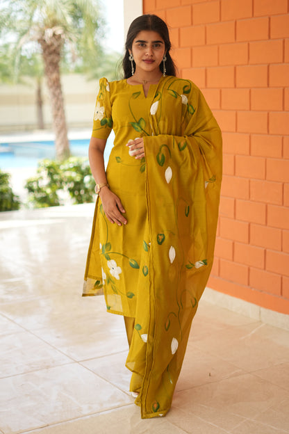 Mustard Lime Mul Chanderi Cotton 3-Piece Ethnic Set with Dupatta | LCSM047
