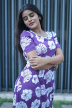 Zipless Feeding Maternity Wear with Puff Sleeve Purple White Leaf