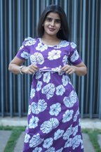 Zipless Feeding Maternity Wear with Puff Sleeve Purple White Leaf