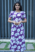 Zipless Feeding Maternity Wear with Puff Sleeve Purple White Leaf