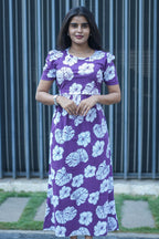 Zipless Feeding Maternity Wear with Puff Sleeve Purple White Leaf