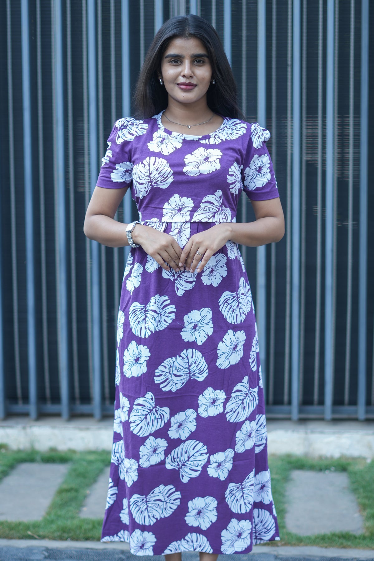 Zipless Feeding Maternity Wear with Puff Sleeve Purple White Leaf