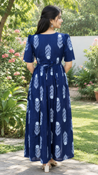 Navy Blue Hand Block Style Leaf & Flower Print Cotton Gown Dress for Women | B -016