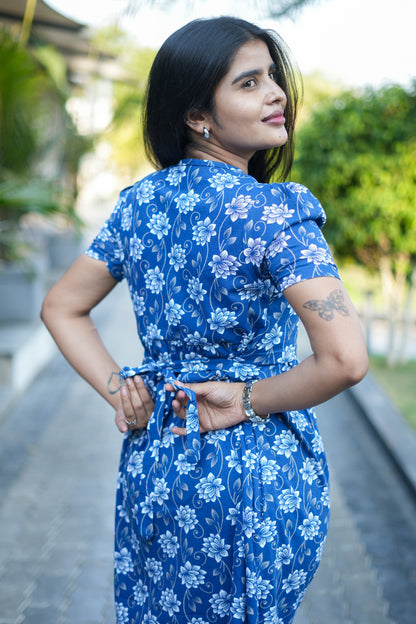 Feeding Wear with Puff Sleeve Navy Lotus Floral  47 Inches