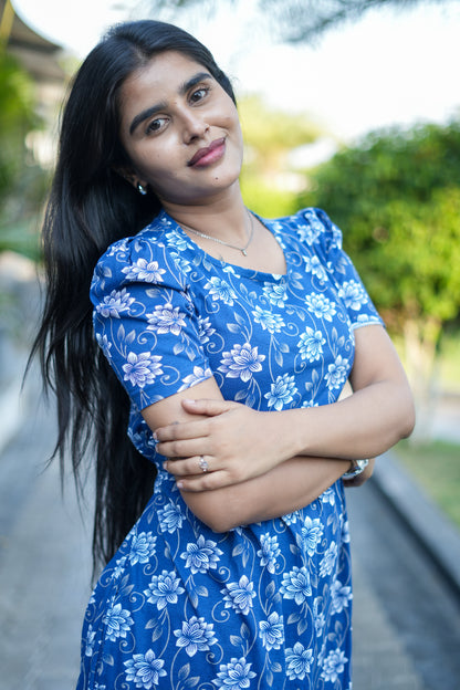 Feeding Wear with Puff Sleeve Navy Lotus Floral  47 Inches