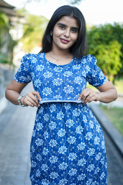 Feeding Wear with Puff Sleeve Navy Lotus Floral  47 Inches