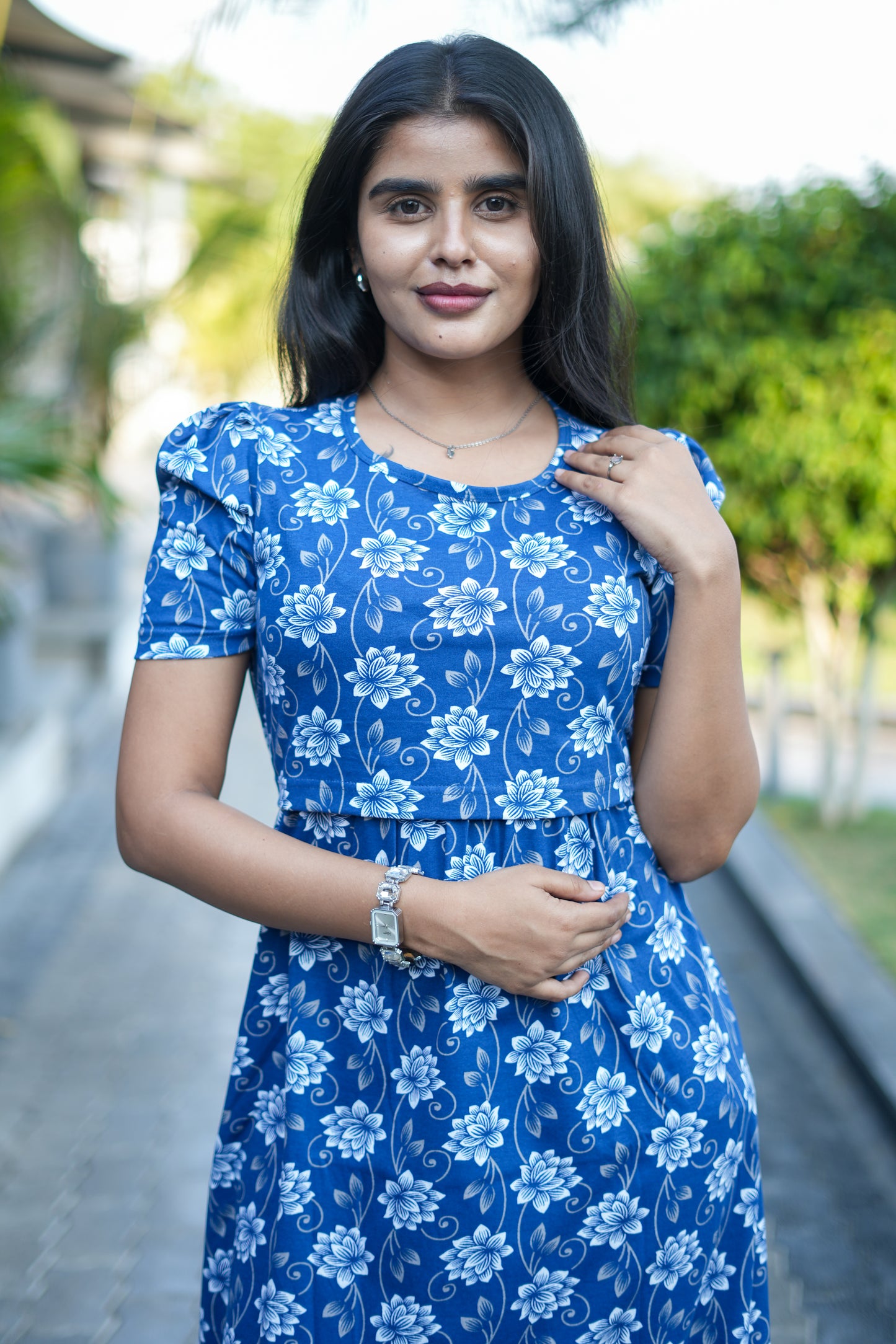 Feeding Wear with Puff Sleeve Navy Lotus Floral  47 Inches