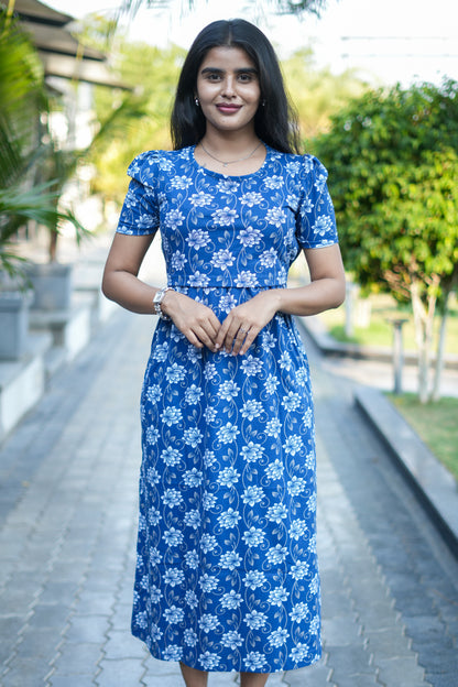 Feeding Wear with Puff Sleeve Navy Lotus Floral  47 Inches