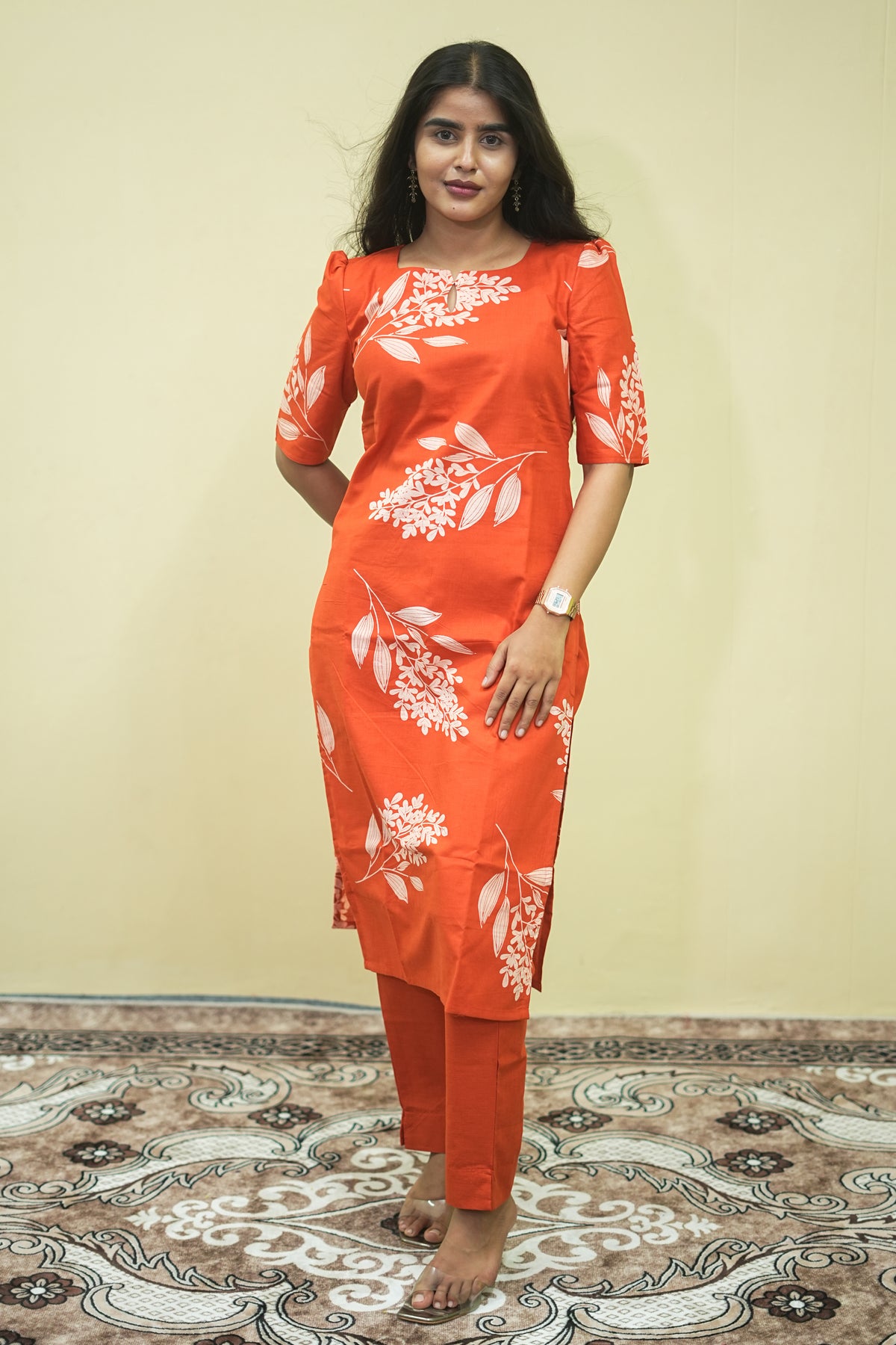 Rust Orange Floral Printed Straight Kurta Pant Set for Women&nbsp;Co Ord Set | D - 006