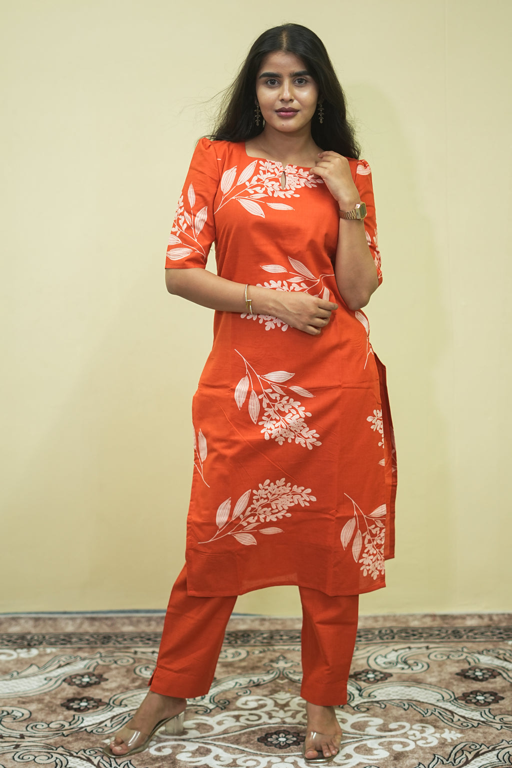 Rust Orange Floral Printed Straight Kurta Pant Set for Women&nbsp;Co Ord Set | D - 006