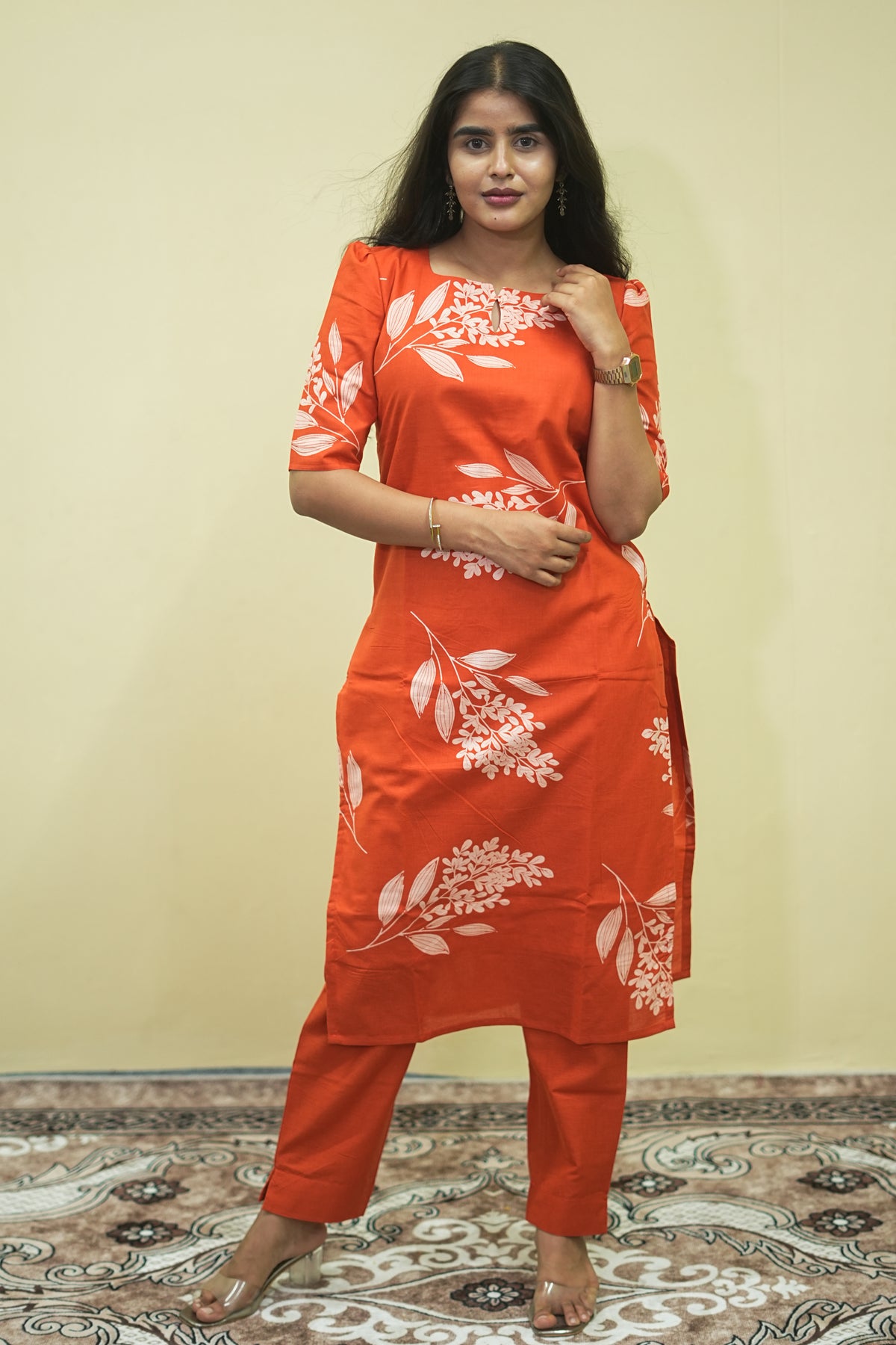 Rust Orange Floral Printed Straight Kurta Pant Set for Women&nbsp;Co Ord Set | D - 006