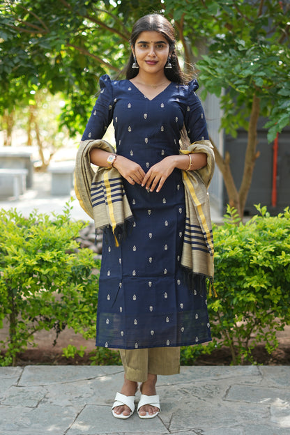 Aarini Navy Blue Premium Cotton 3-Piece Ethnic Set with Zari Dupatta | LCSA045