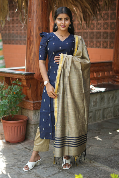 Aarini Navy Blue Premium Cotton 3-Piece Ethnic Set with Zari Dupatta | LCSA045