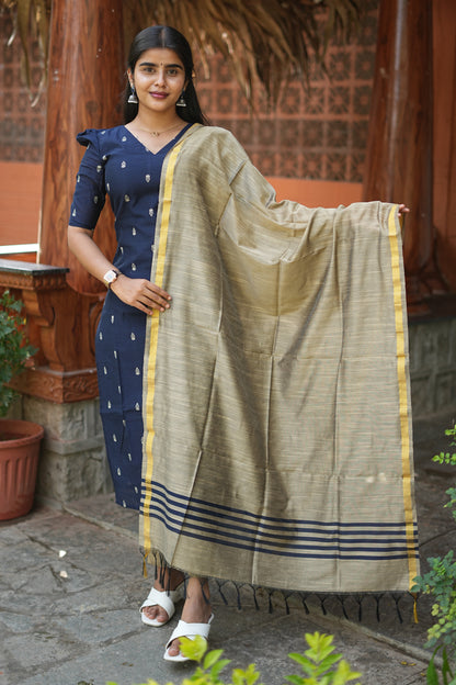Aarini Navy Blue Premium Cotton 3-Piece Ethnic Set with Zari Dupatta | LCSA045