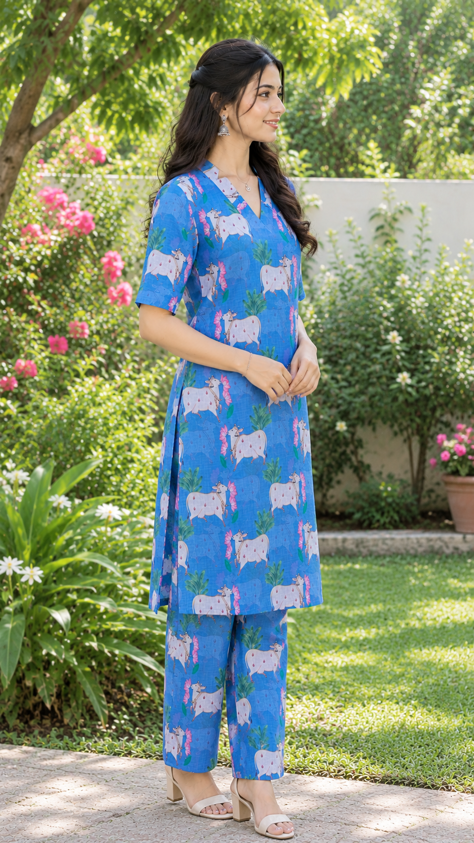 Blue Pichwai Cow Print Co-ord Set | D-008