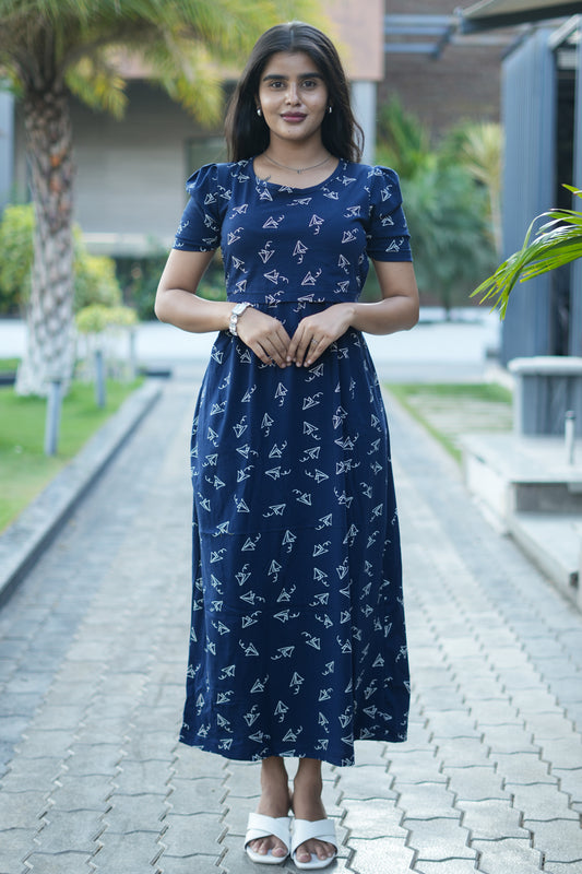 Zipless Feeding Maternity Gown Navy Paper Plane  - Puff sleeve 52 inches