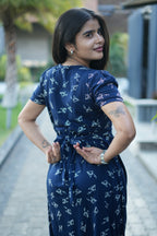 Zipless Feeding Maternity Gown Navy Paper Plane  - Puff sleeve 52 inches