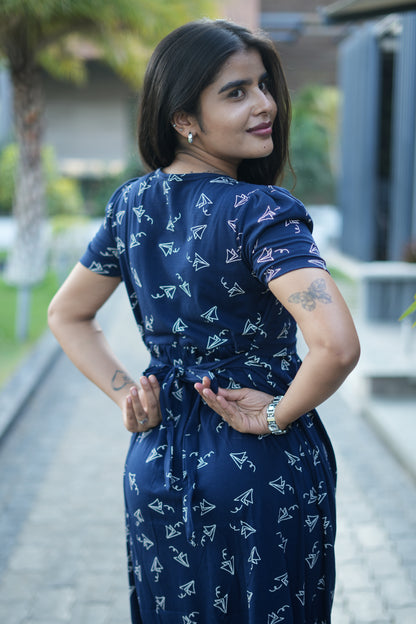 Zipless Feeding Maternity Gown Navy Paper Plane  - Puff sleeve 52 inches