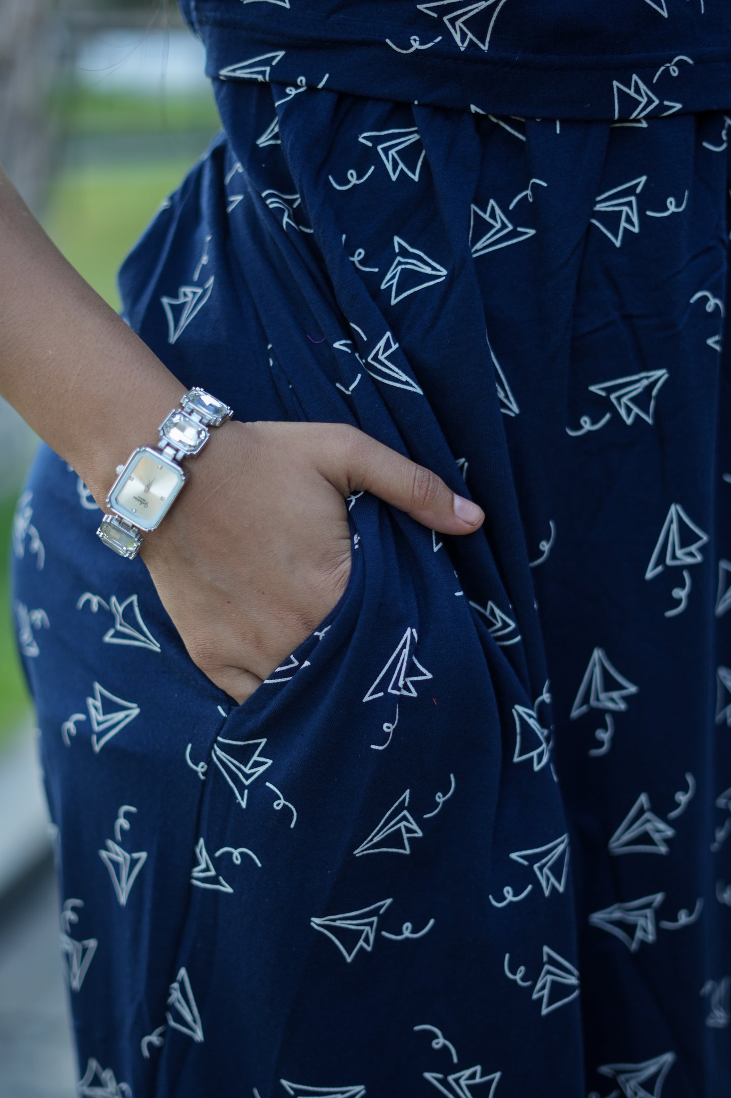 Zipless Feeding Maternity Gown Navy Paper Plane  - Puff sleeve 52 inches