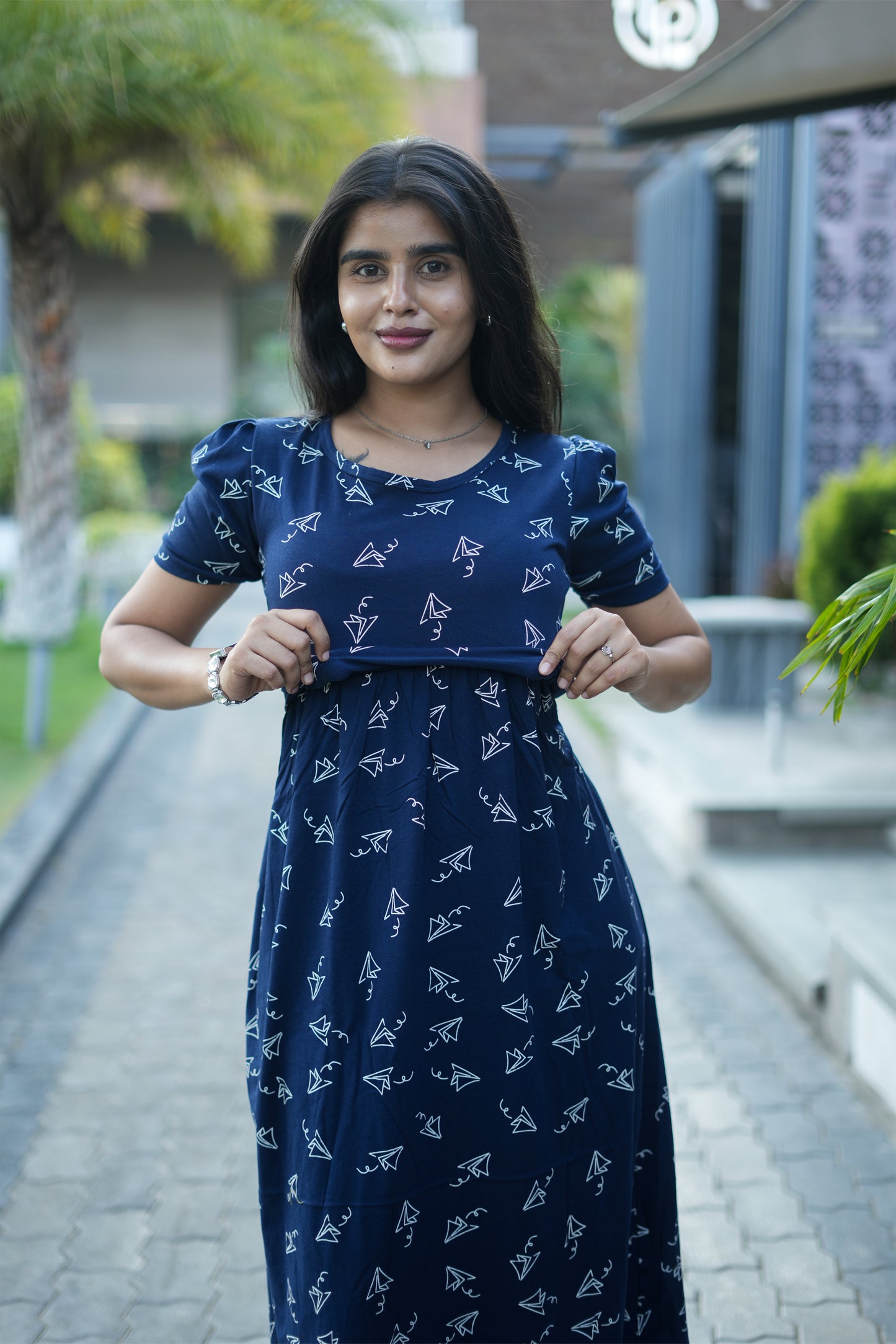 Zipless Feeding Maternity Gown Navy Paper Plane  - Puff sleeve 52 inches