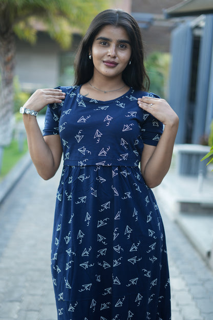 Zipless Feeding Maternity Gown Navy Paper Plane  - Puff sleeve 52 inches