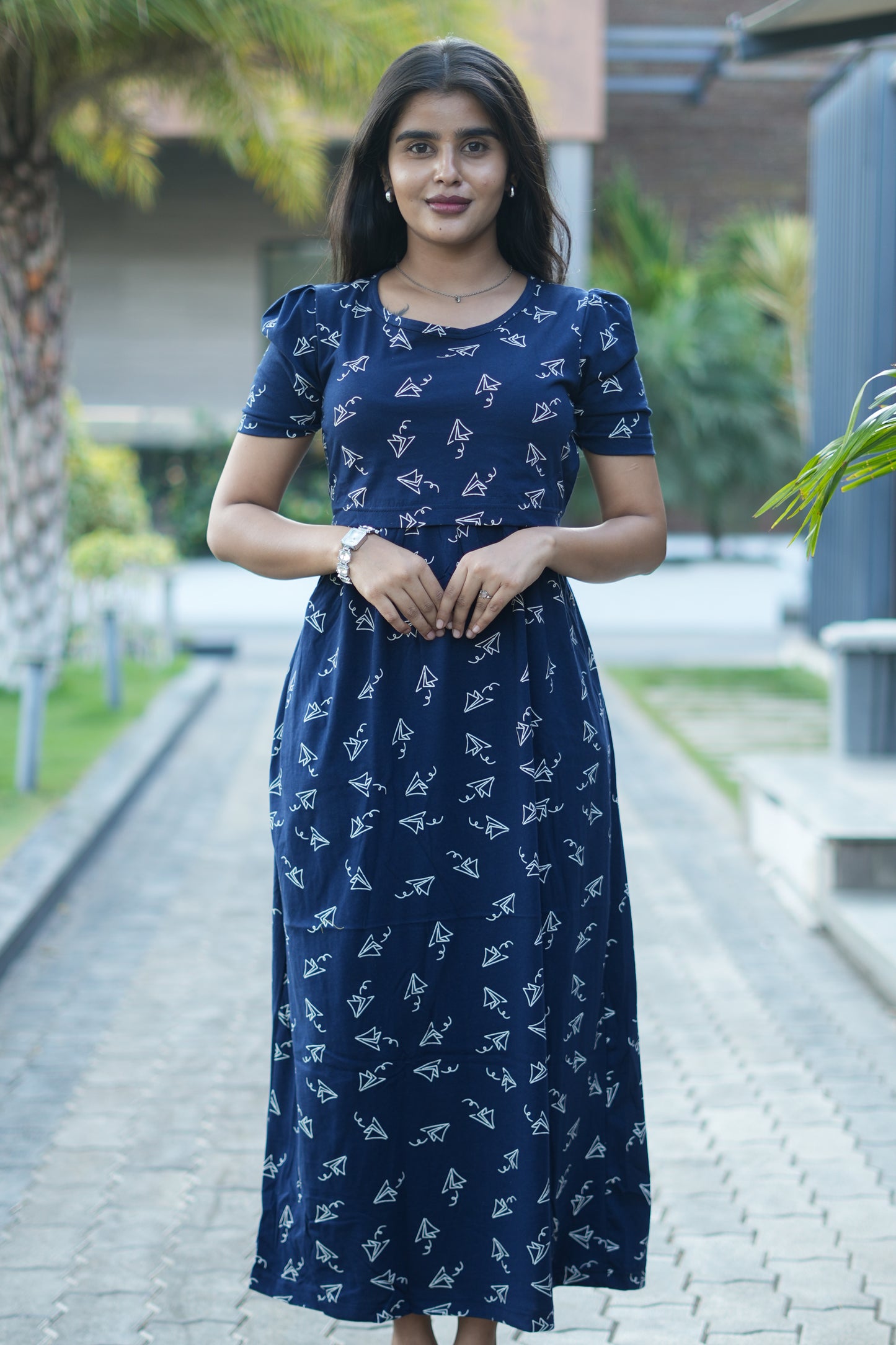 Zipless Feeding Maternity Gown Navy Paper Plane  - Puff sleeve 52 inches