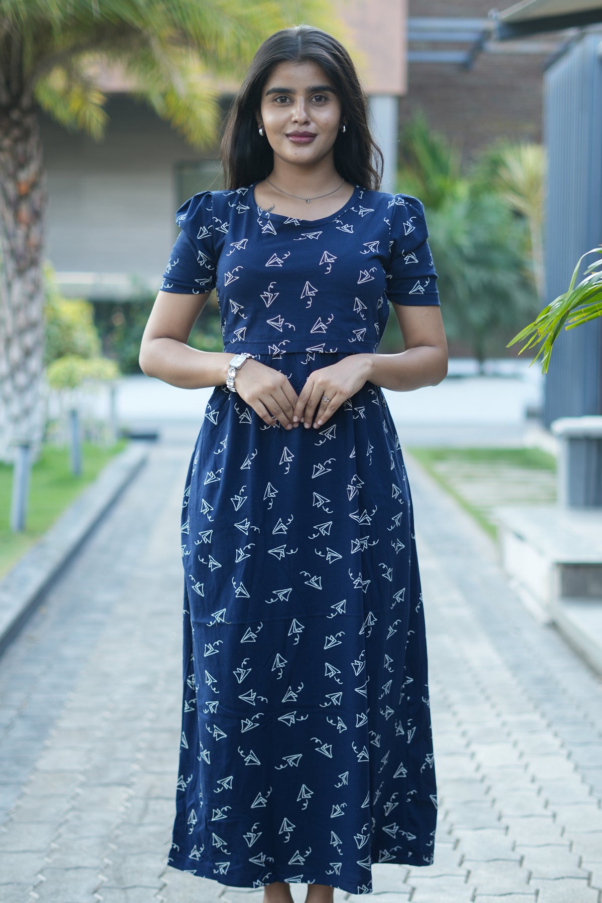 Zipless Feeding Maternity Gown Navy Paper Plane  - Puff sleeve 52 inches