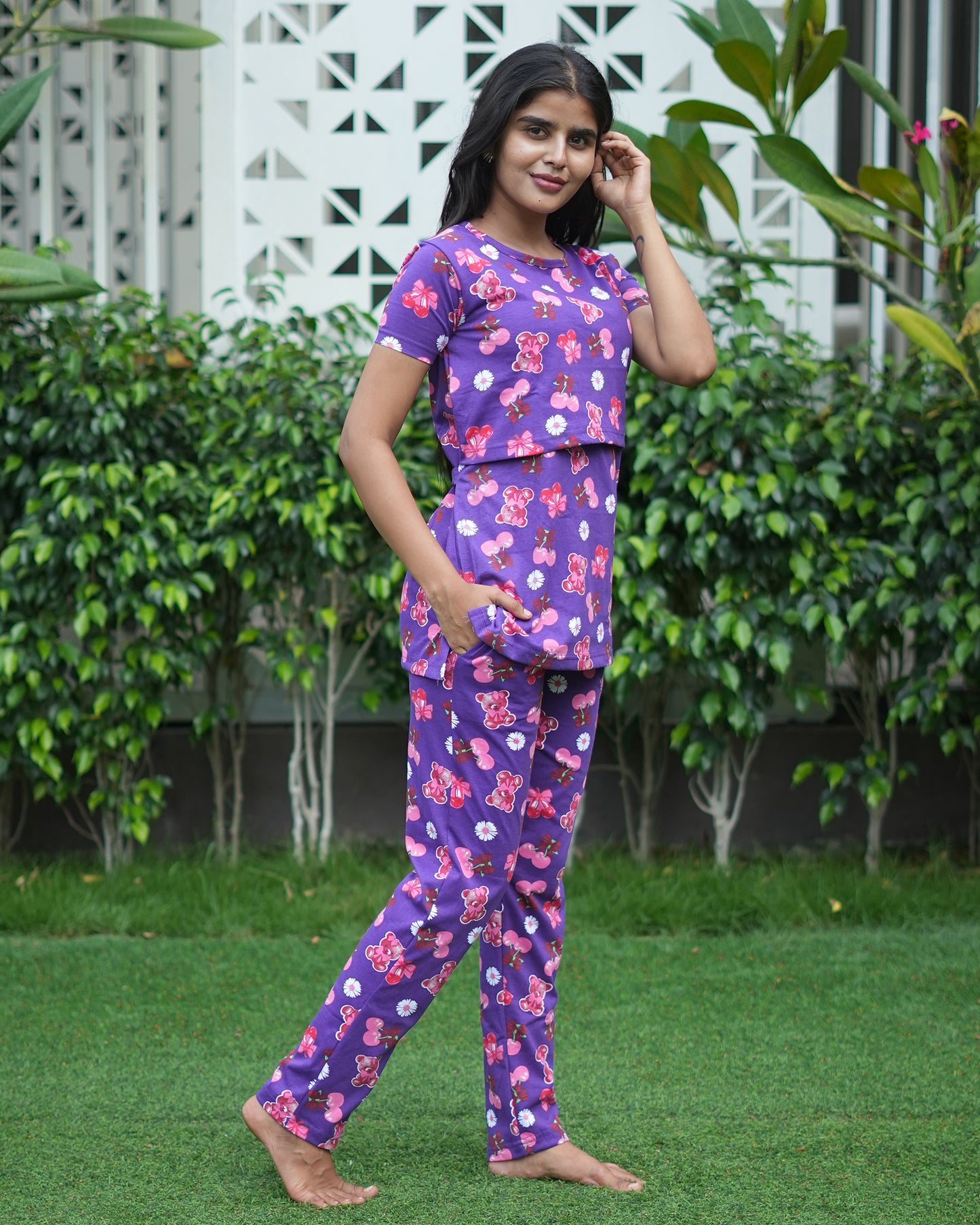 Zipless feeding maternity Co-Ord Purple Teddy