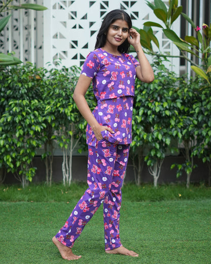 Zipless feeding maternity Co-Ord Purple Teddy