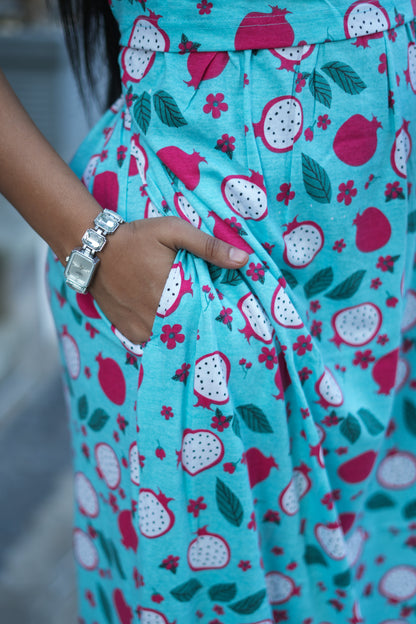 Zipless Feeding Maternity Gown Blue Pomegranate - Puff sleeve 52 inches