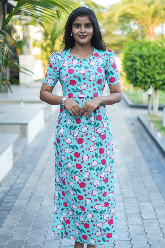Zipless Feeding Maternity Gown Blue Pomegranate - Puff sleeve 52 inches