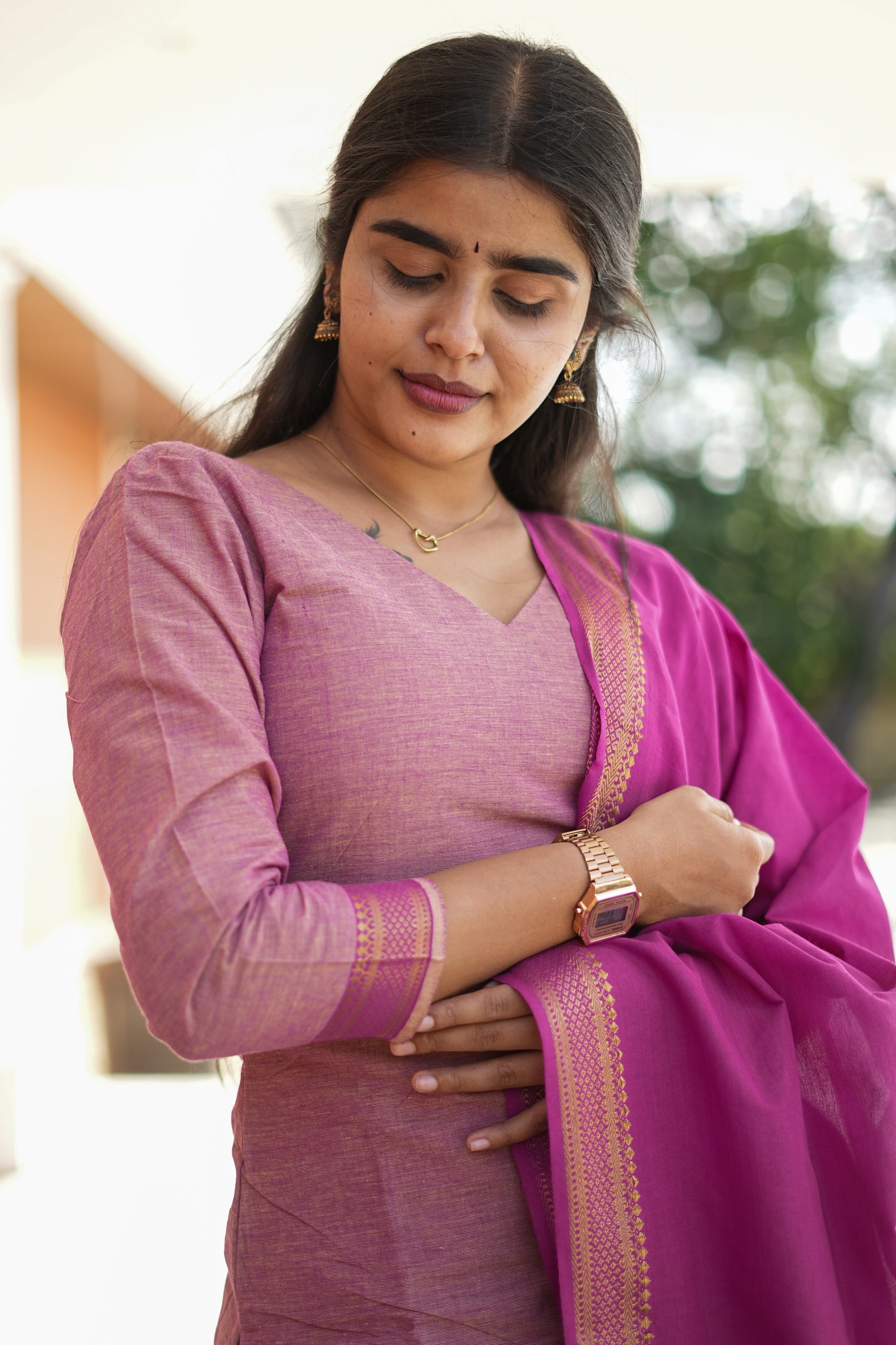 Orchid Pink Handloom Mangalagiri Cotton Salwar Suit with Zari Dupatta | LCSO 034