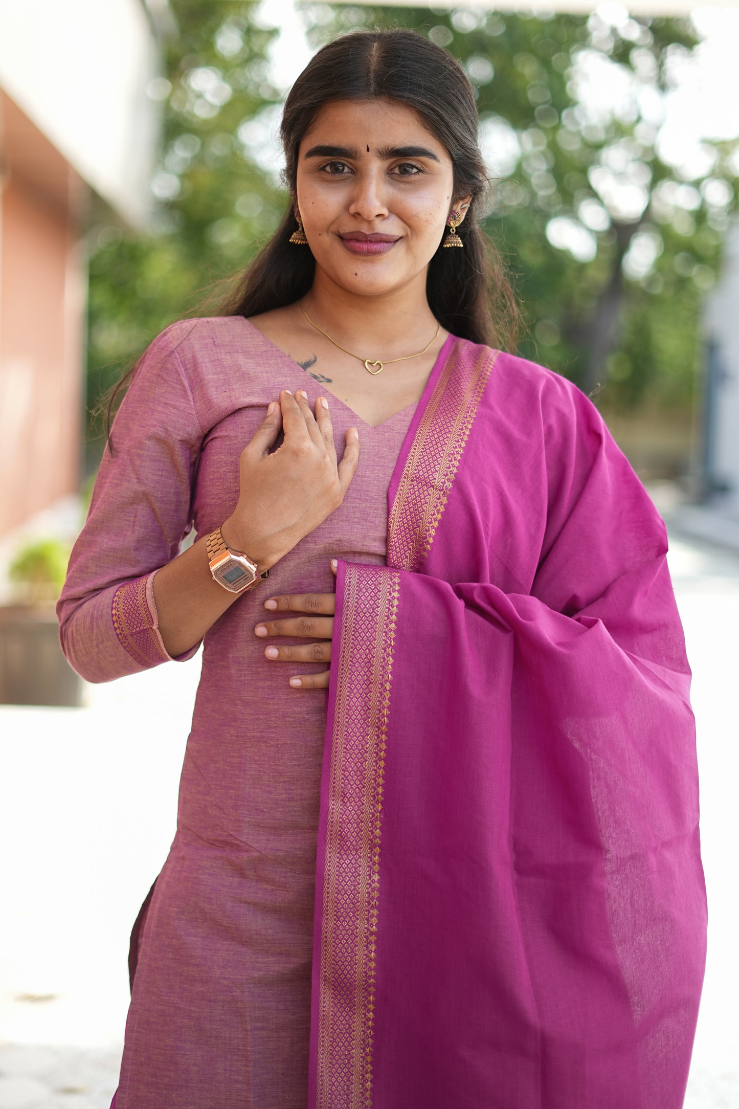 Orchid Pink Handloom Mangalagiri Cotton Salwar Suit with Zari Dupatta | LCSO 034