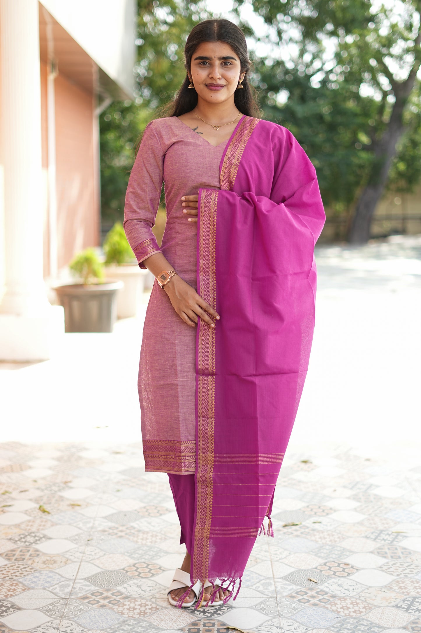 Orchid Pink Handloom Mangalagiri Cotton Salwar Suit with Zari Dupatta | LCSO 034