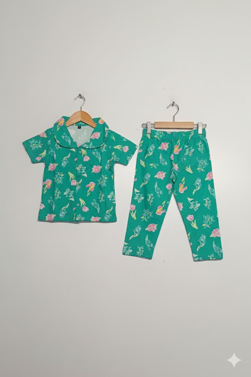 Green Tulip Floral kids Night suit