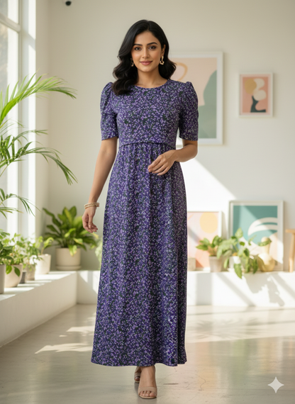 Zipless Feeding Maternity Royal Purple   - Puff sleeve 52 inches