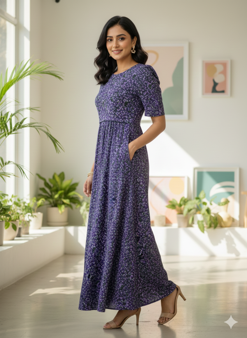 Zipless Feeding Maternity Royal Purple   - Puff sleeve 52 inches
