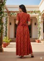 Zipless Feeding Maternity Gown Rust Floral  - Puff sleeve 52 inches