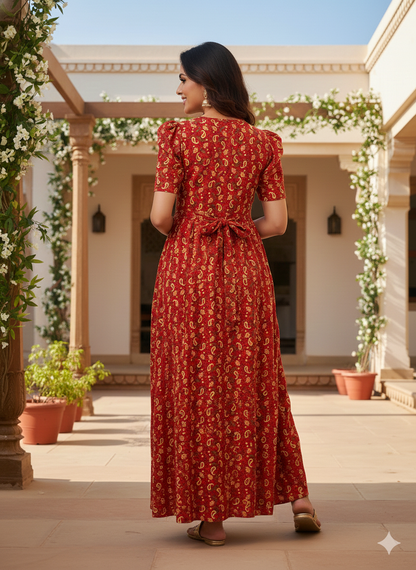 Zipless Feeding Maternity Gown Rust Floral  - Puff sleeve 52 inches