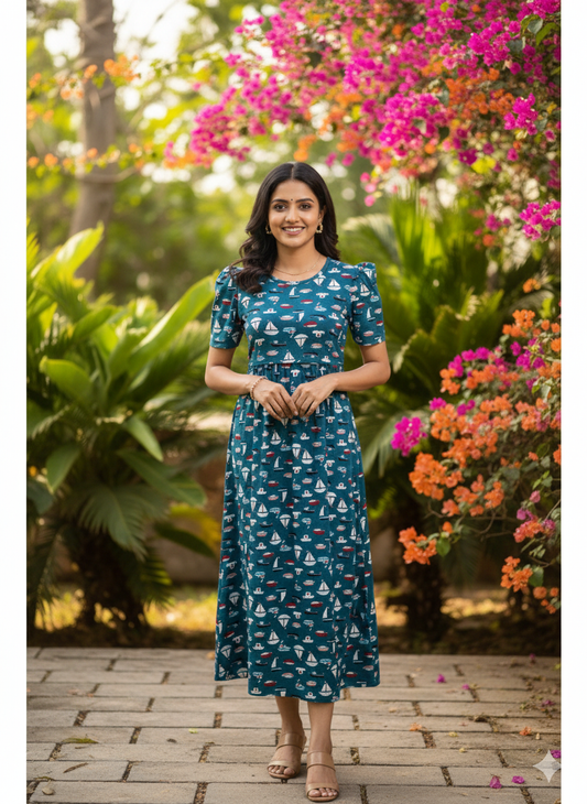 Zipless Feeding Maternity Gown N bLue Ship   - Puff sleeve 52 inches